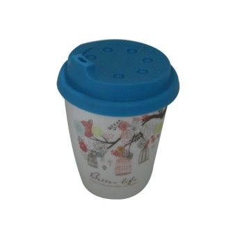 斜身環保雙層陶瓷杯有杯蓋